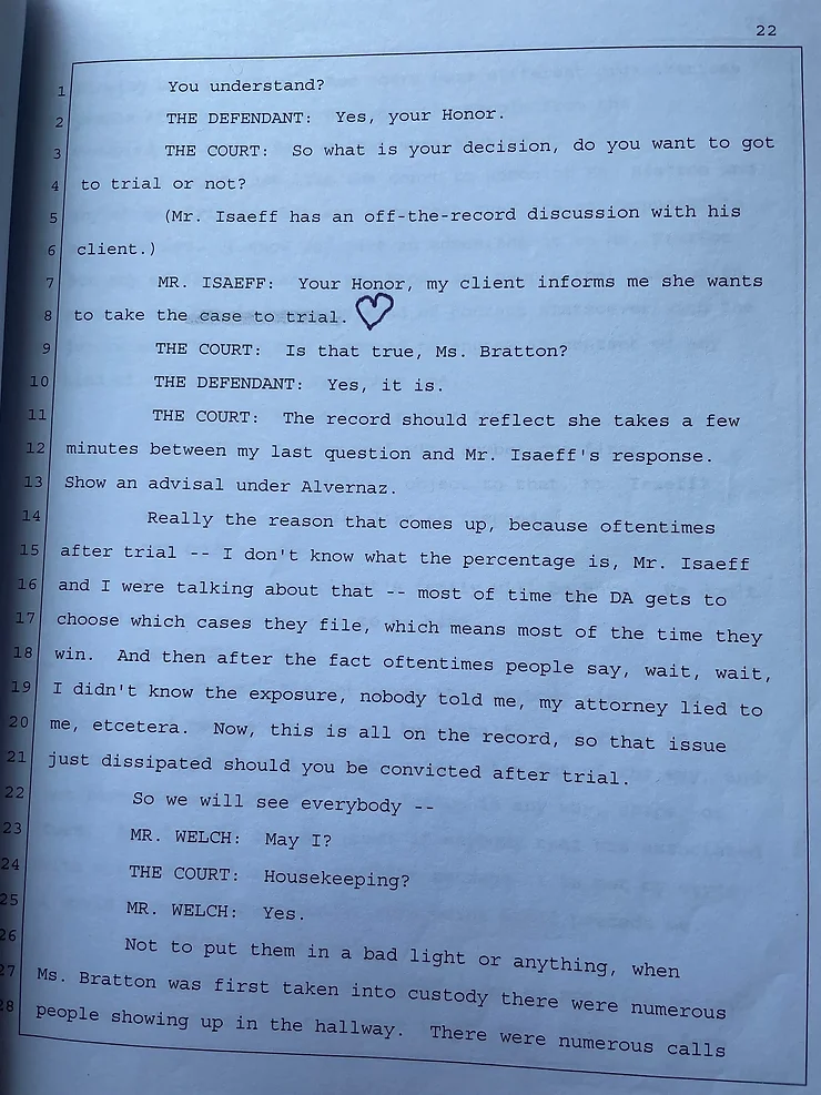 THE PEOPLES OFFER: 8-9 Years in PRISON. Barbara Bratton RESPECTFULLY DECLINED (21).